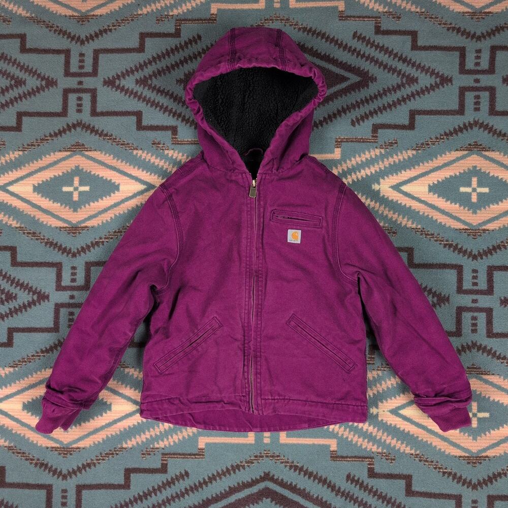 Carhartt Jacket XS 5 - 6 Girls Purple Sherpa Lined Duck Canvas Hooded